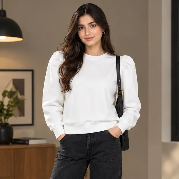 Women's White Puff Sleeve Sweatshirt view 4