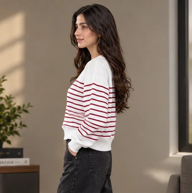 Women's White & Red Striped Sweatshirt view 4