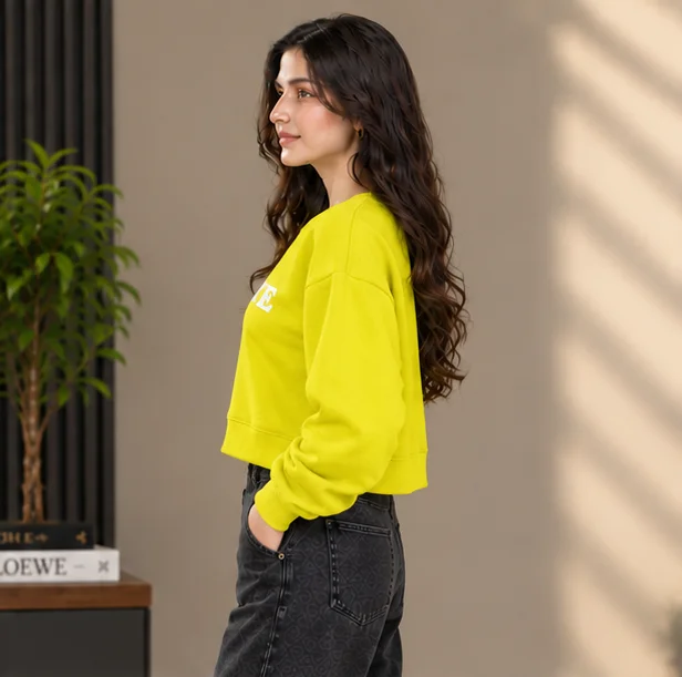 Women's Bright Yellow 'BYE BYE' Cropped Sweatshirt view 3