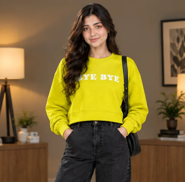 Women's Bright Yellow 'BYE BYE' Cropped Sweatshirt view 4