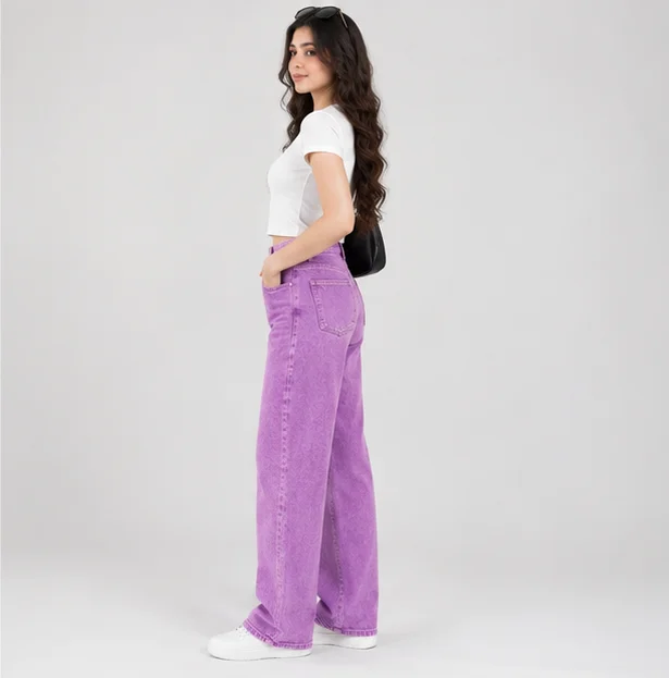 Women's Textured Purple Wide-Leg Jeans view 3