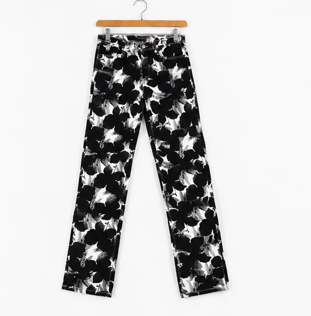 MR.DENIM Black & White Floral Print Straight Fit Jeans