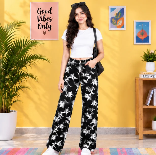 MR.DENIM Black & White Floral Print Straight Fit Jeans — alternate view
