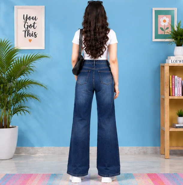 MR.DENIM Classic Blue Faded Wide-Leg Jeans view 2