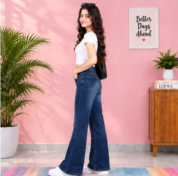 MR.DENIM Classic Blue Faded Wide-Leg Jeans view 3