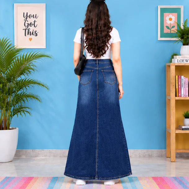 MR.DENIM Classic Blue Flared Denim Maxi Skirt view 2