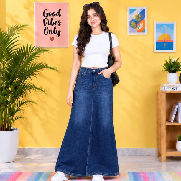MR.DENIM Classic Blue Flared Denim Maxi Skirt view 4