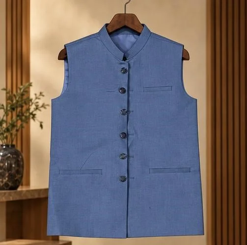 Premium Dusty Blue Textured Waistcoat view 1
