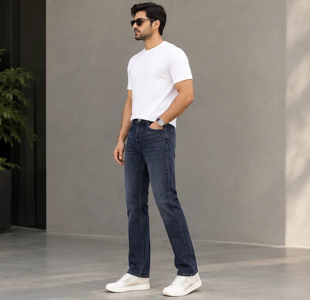 MR.DENIM Washed Dark Blue Straight Fit Jeans view 3