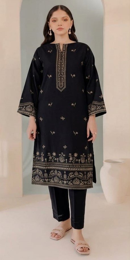 Elegant Black Embroidered Dhanak Unstitched 2 Piece Suit