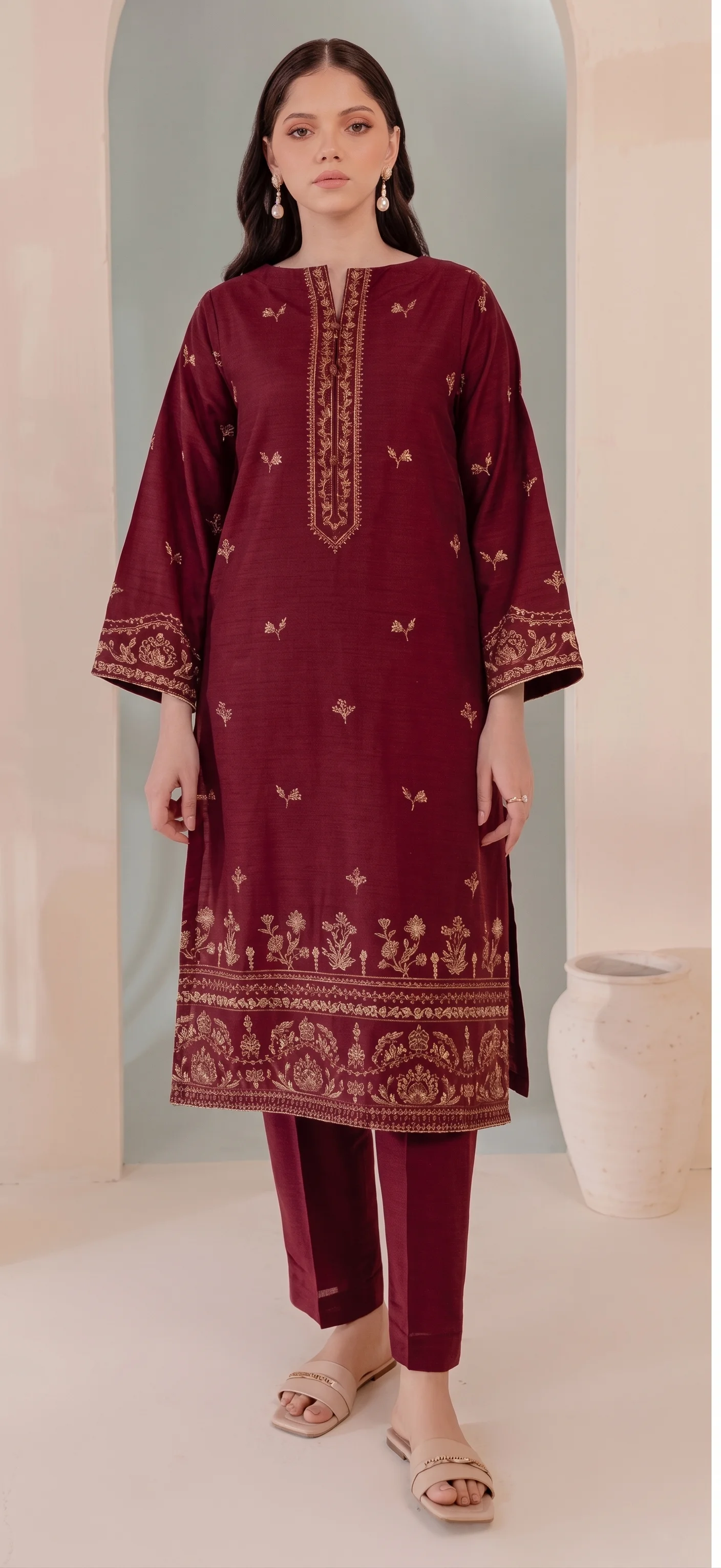 Elegant Maroon Embroidered Dhanak Unstitched 2-Piece Suit