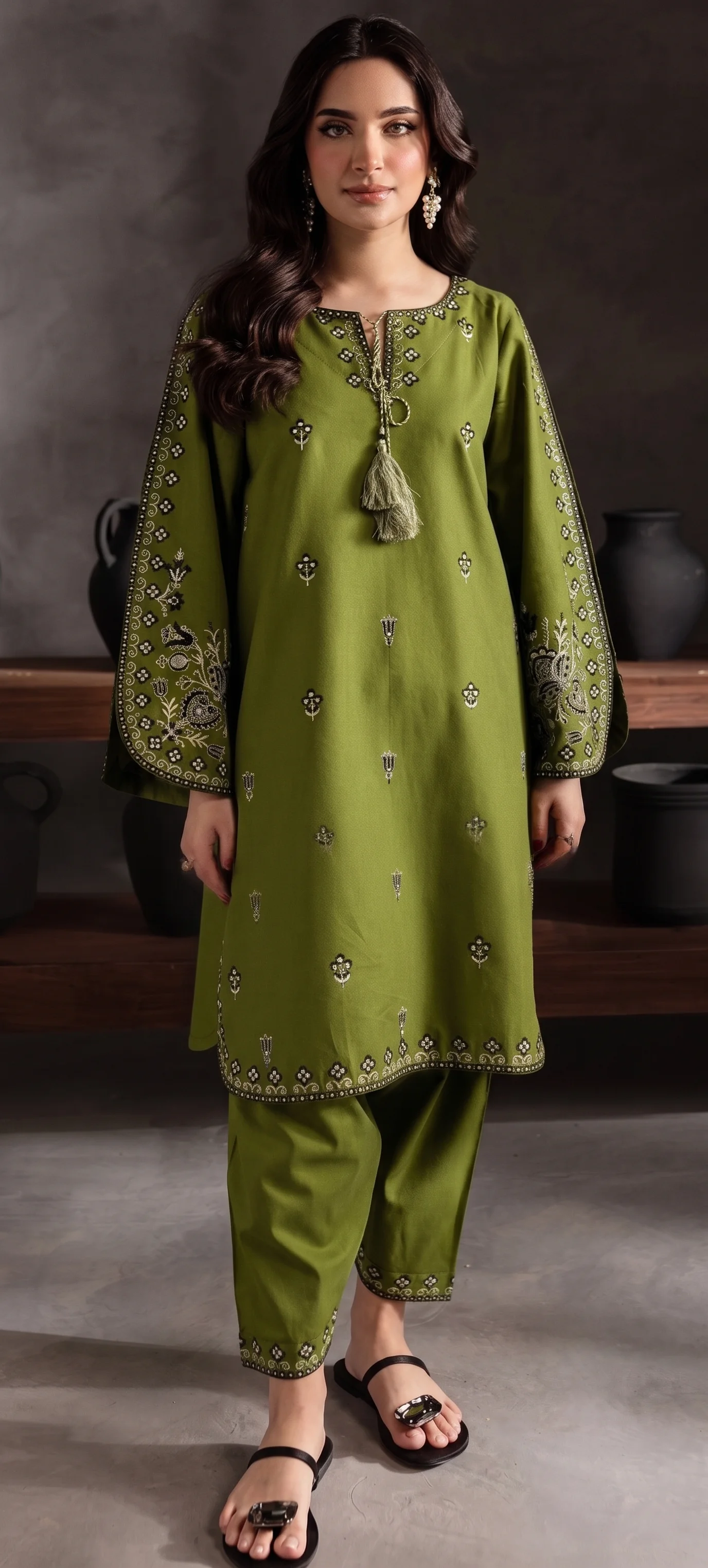 Elegant Olive Green Embroidered Dhanak Unstitched 2-Piece Suit