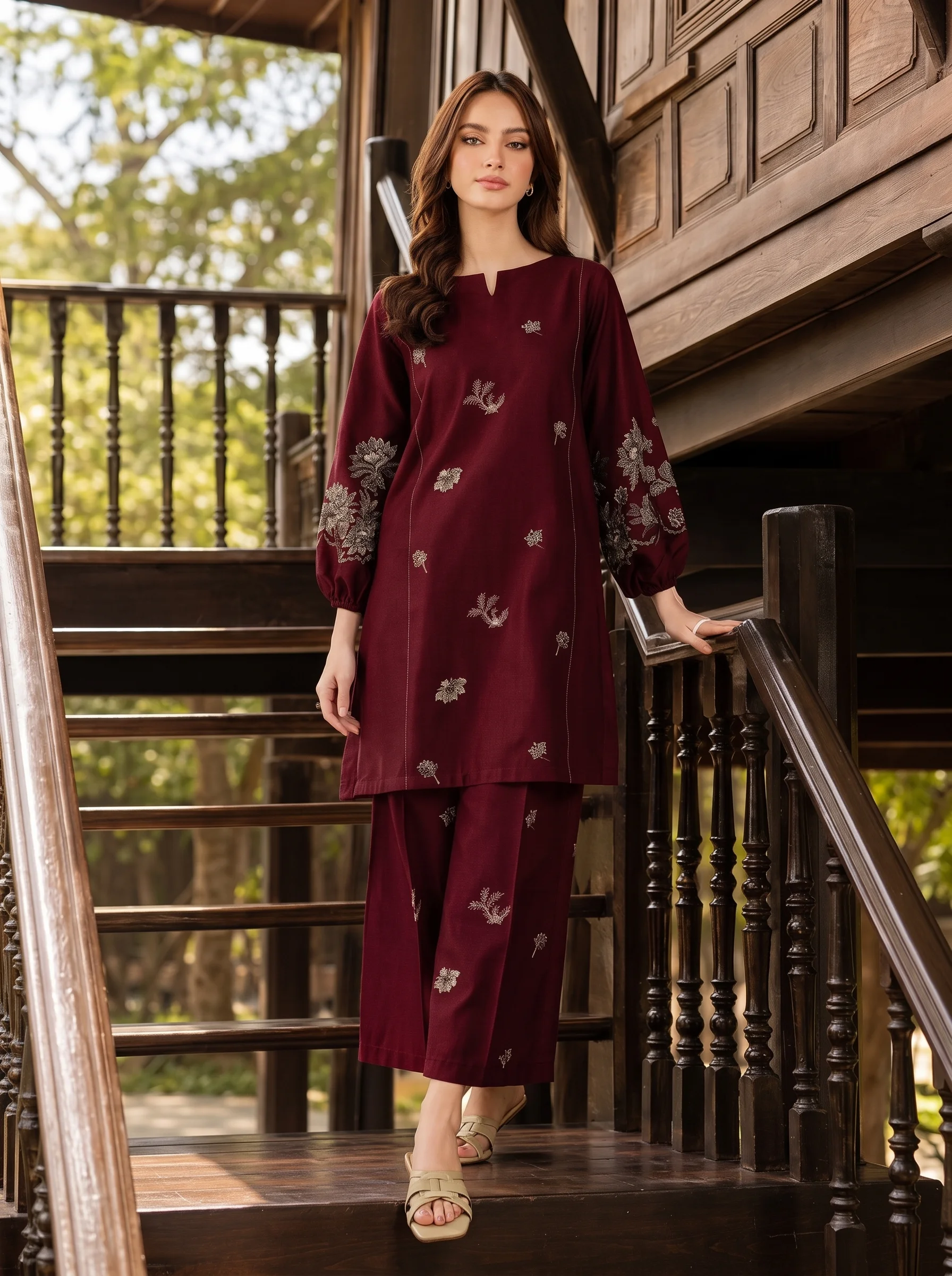 Elegant Maroon Embroidered Dhanak Unstitched 2-Piece Suit