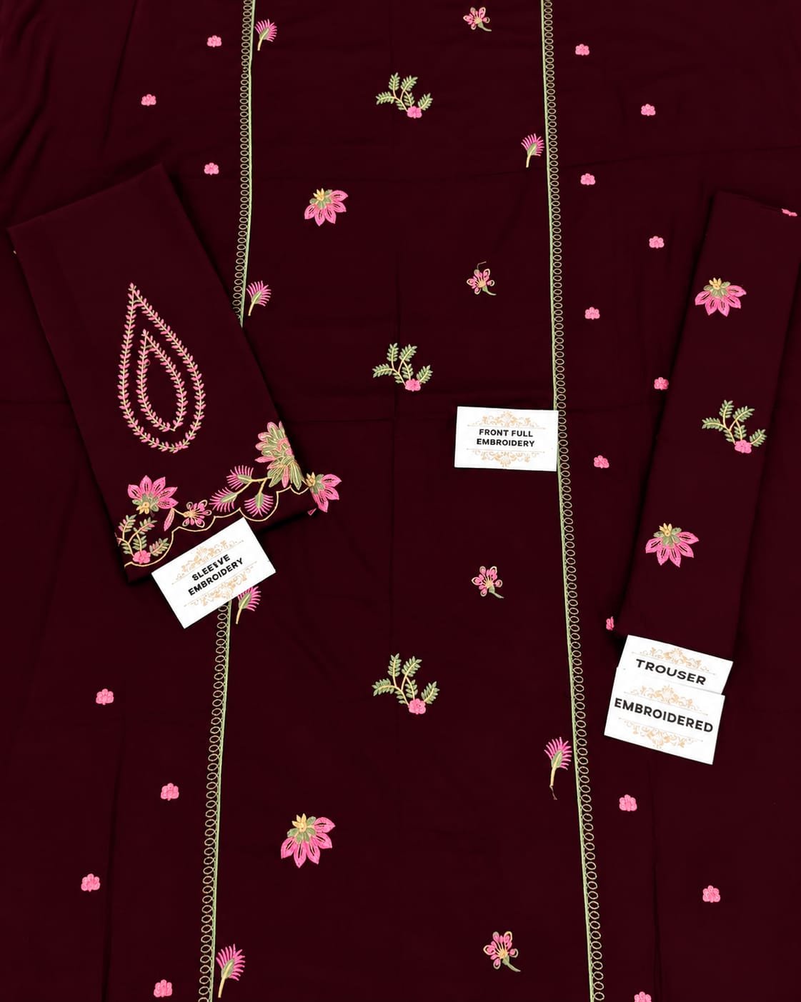 Elegant Maroon Embroidered Dhanak Unstitched 2-Piece Suit — alternate view
