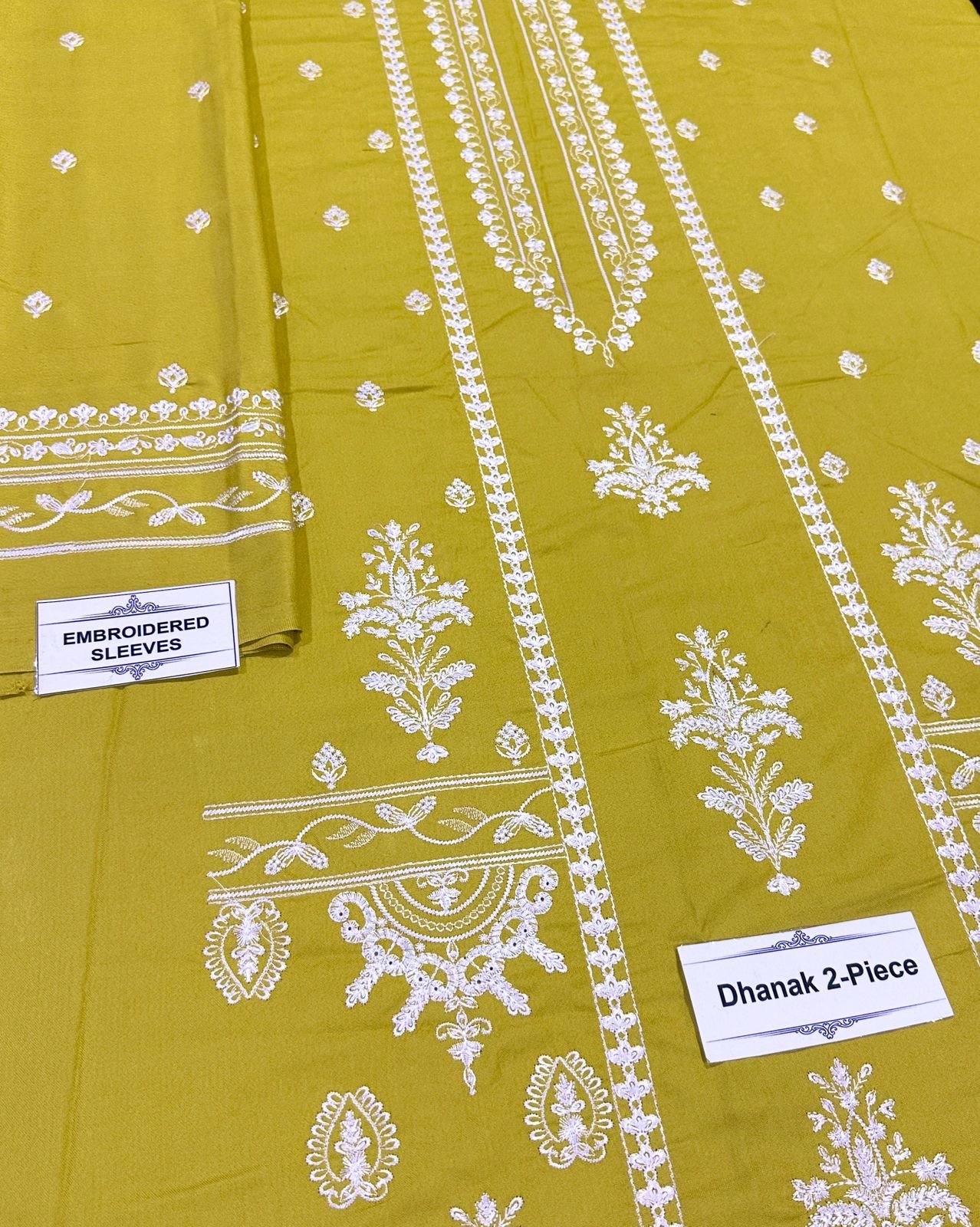 Light Olive Green Embroidered Dhanak Unstitched Suit view 2