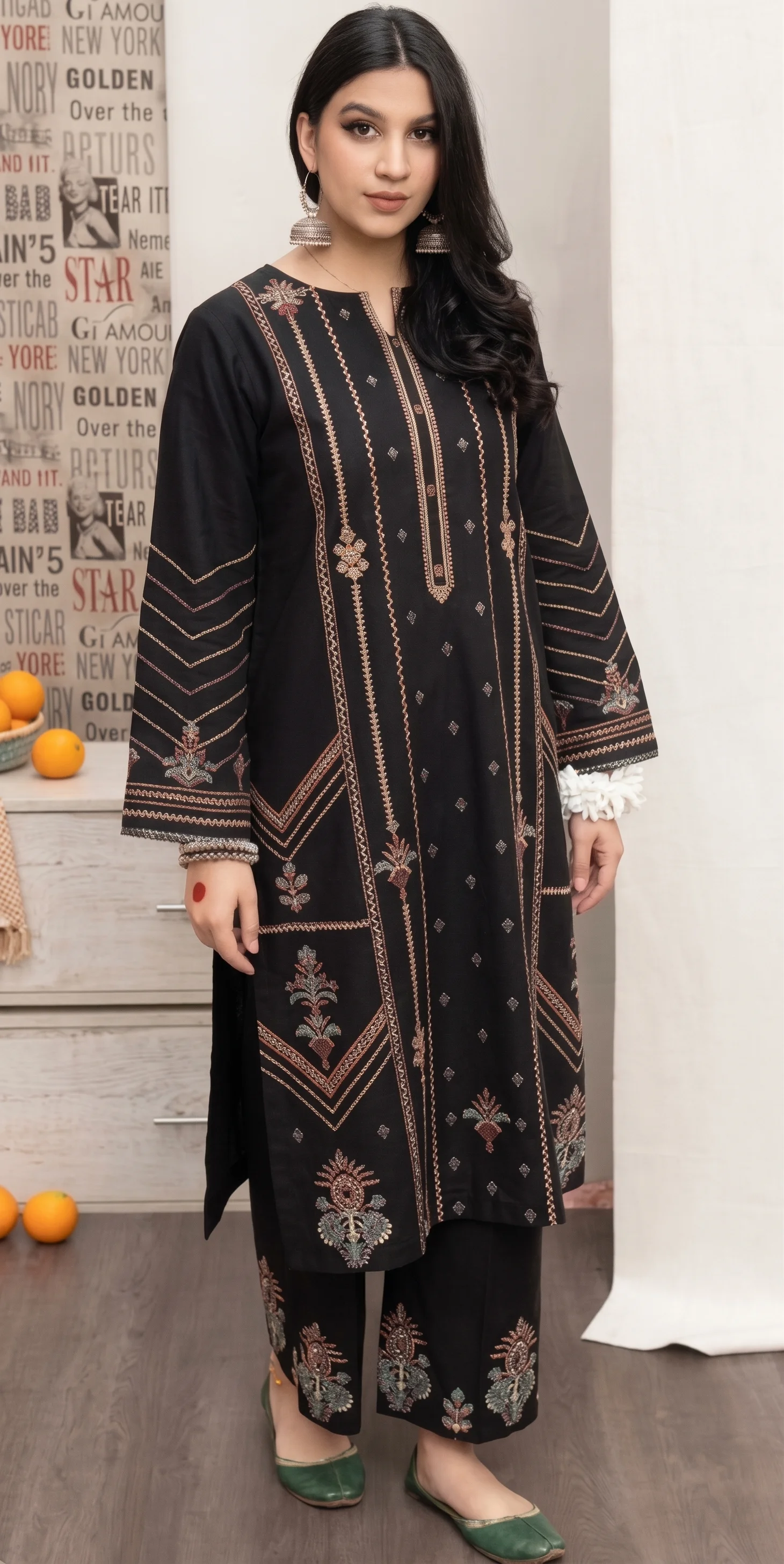 Elegant Black Embroidered Dhanak Unstitched Suit
