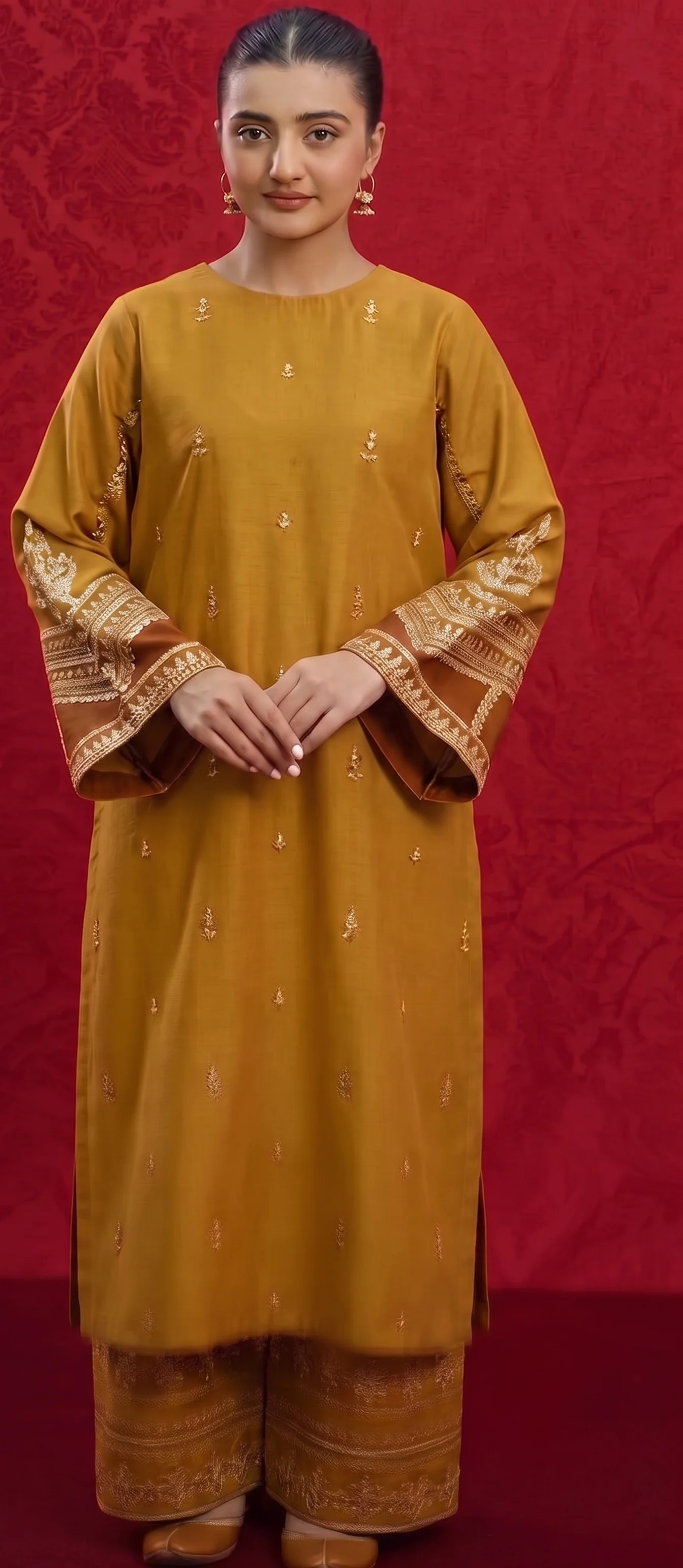 Elegant Mustard Embroidered Dhanak Unstitched 2-Piece Suit