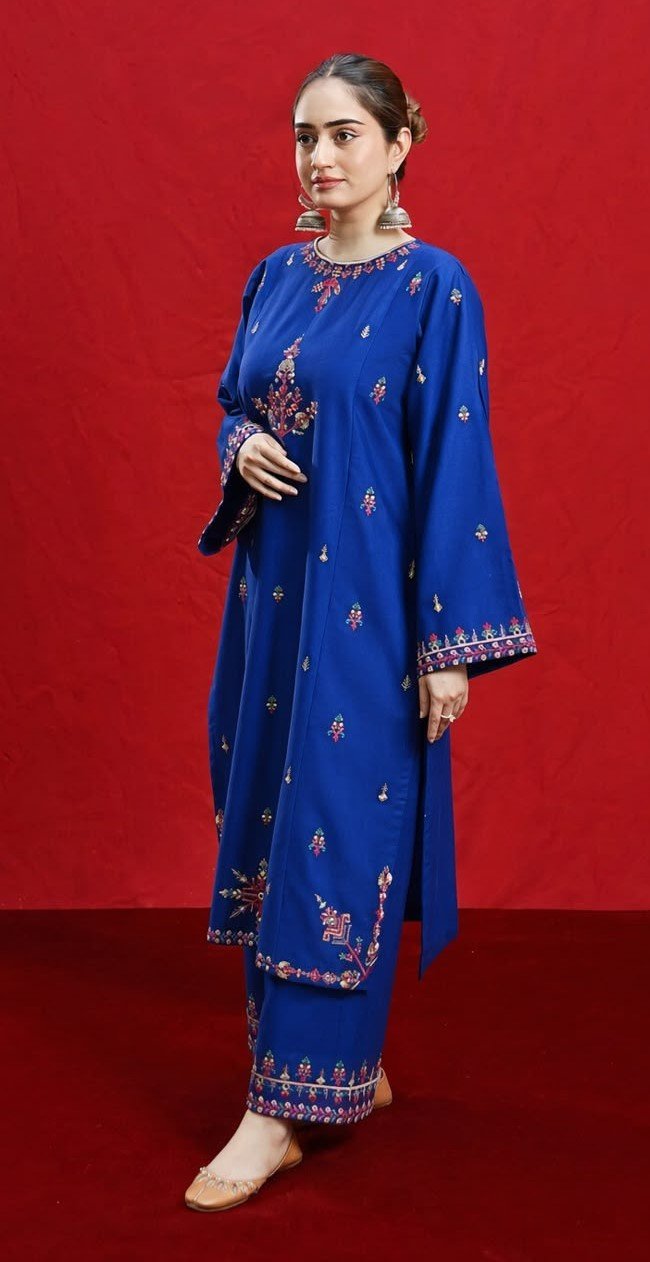Elegant Royal Blue Embroidered Dhanak Unstitched 2-Piece Suit