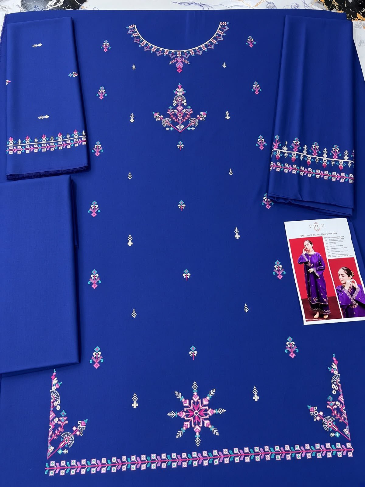 Elegant Royal Blue Embroidered Dhanak Unstitched 2-Piece Suit — alternate view