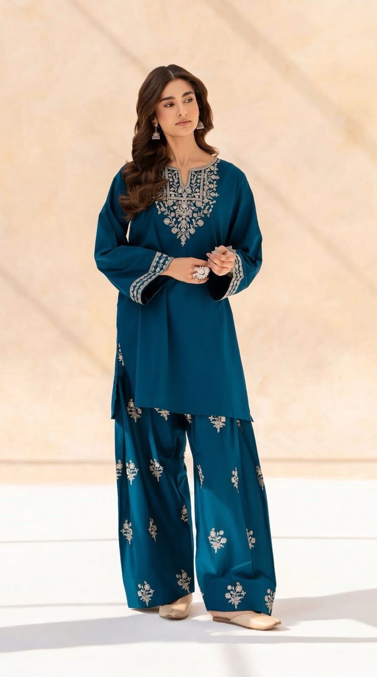 Elegant Teal Blue Embroidered Dhanak Unstitched 2-Piece Suit