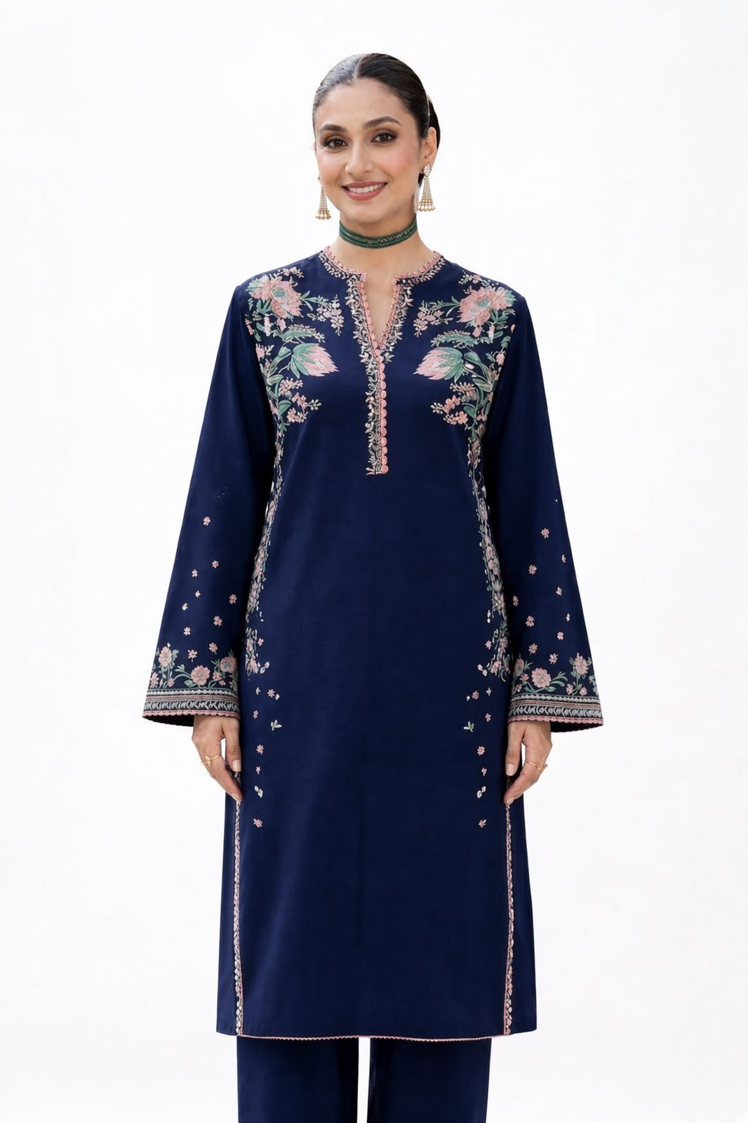 Elegant Navy Blue Embroidered Dhanak Unstitched 2-Piece Suit