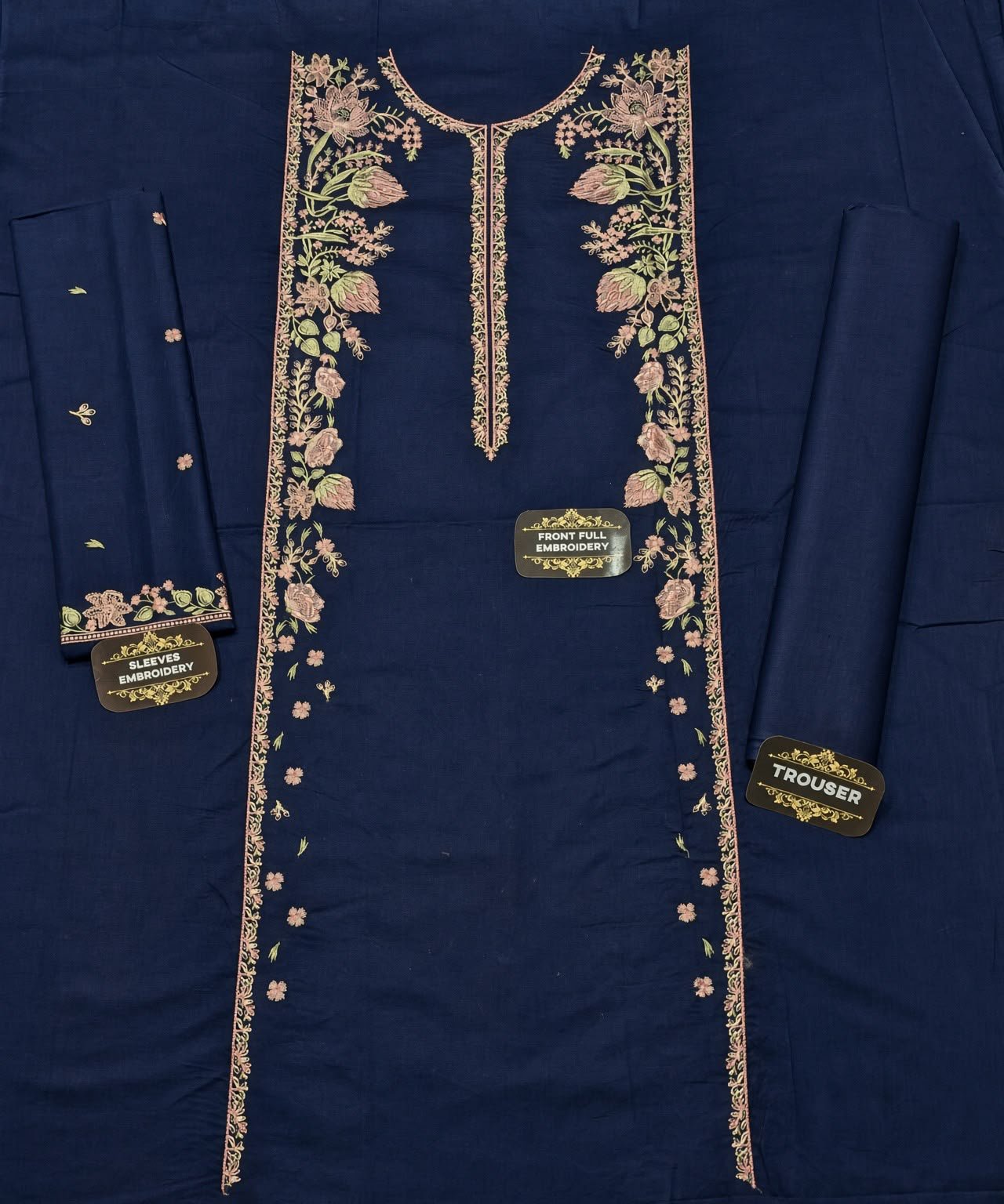 Elegant Navy Blue Embroidered Dhanak Unstitched 2-Piece Suit view 2