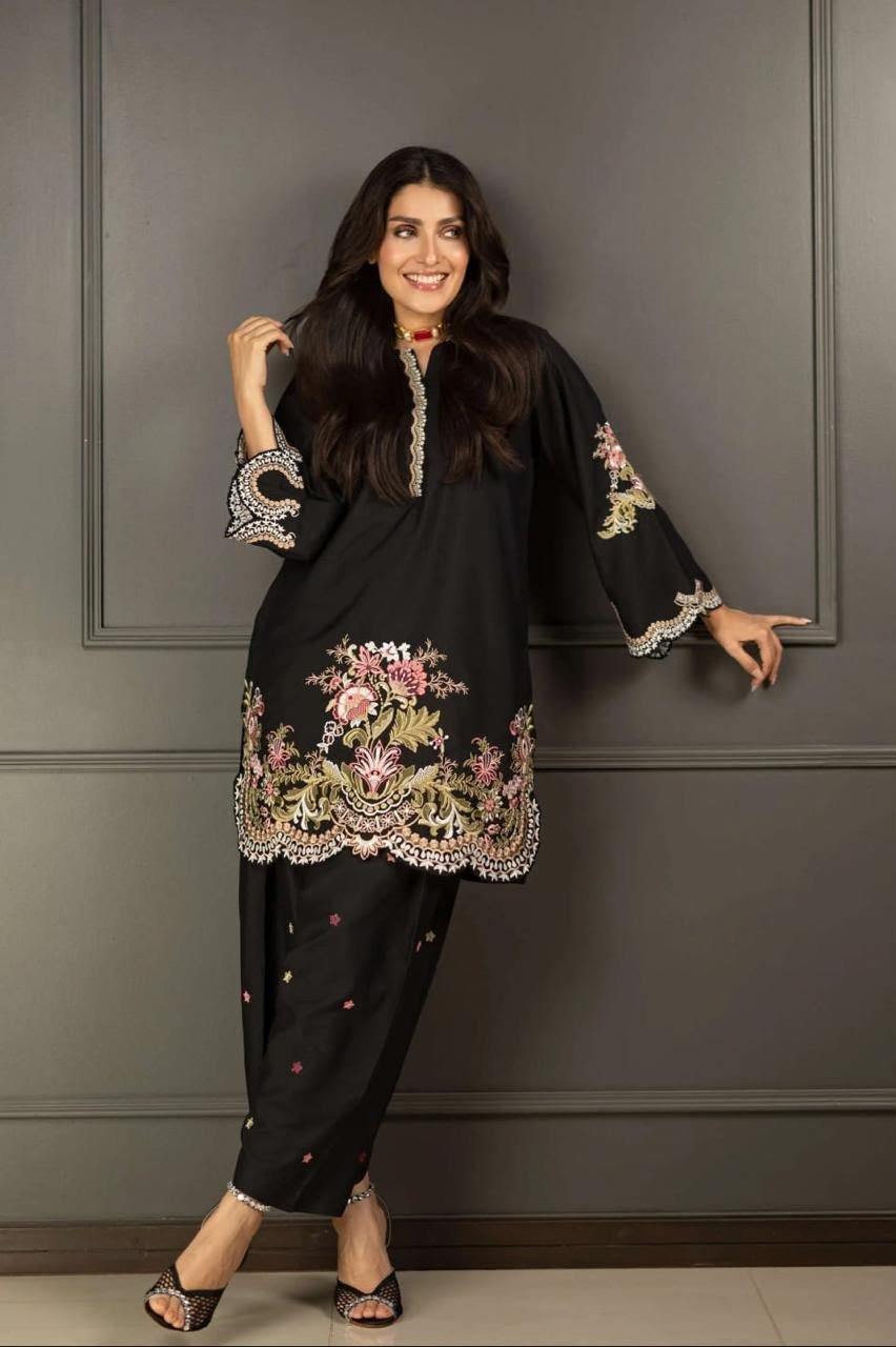 Elegant Black Embroidered Dhanak Unstitched 2-Piece Suit