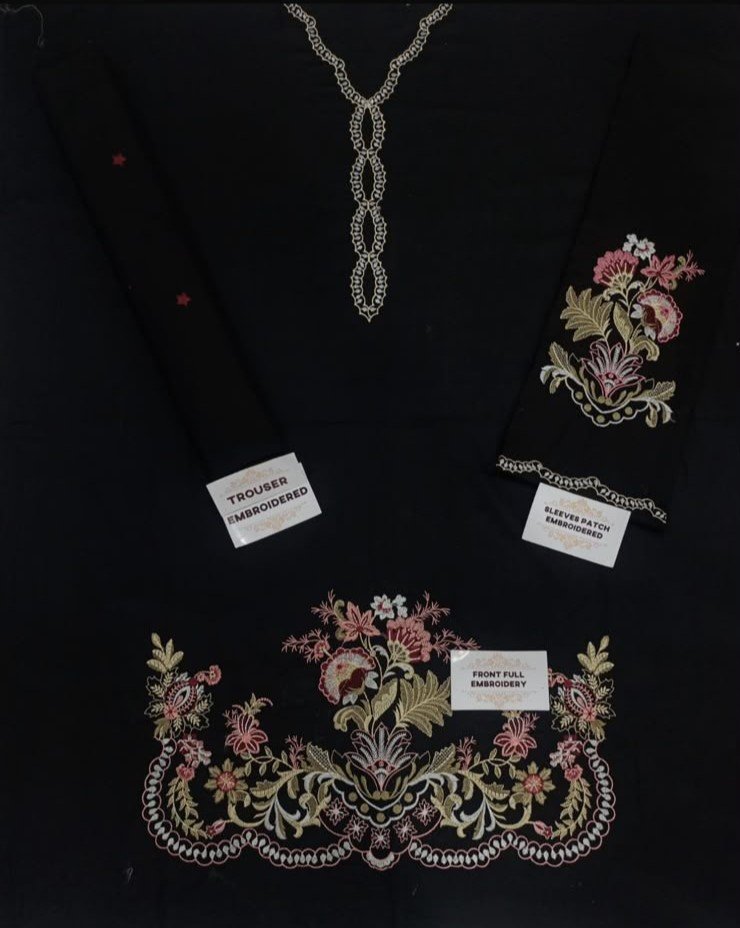 Elegant Black Embroidered Dhanak Unstitched 2-Piece Suit — alternate view