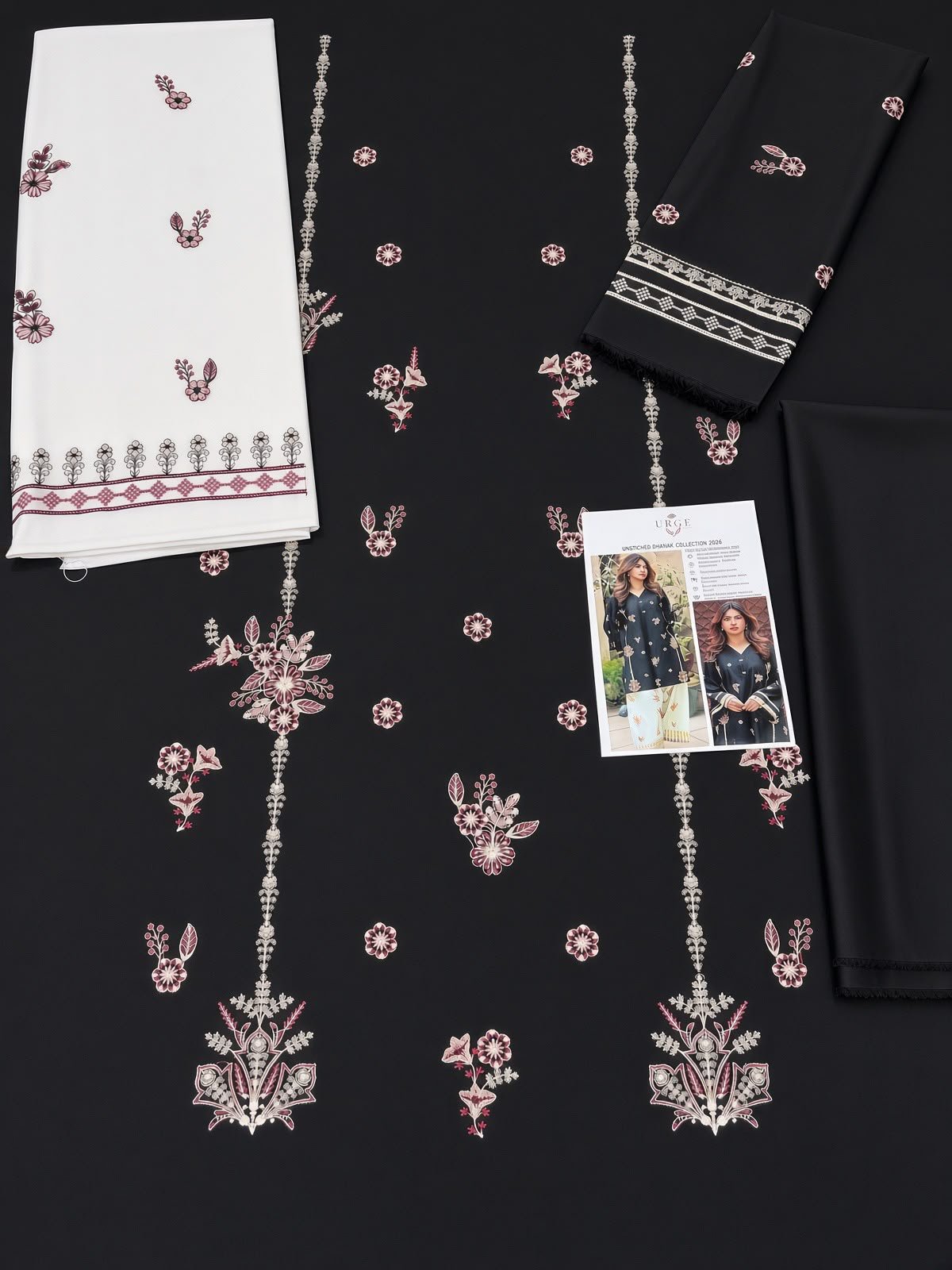 Elegant Black & Off-White Embroidered Dhanak Unstitched 2-Piece Suit — alternate view