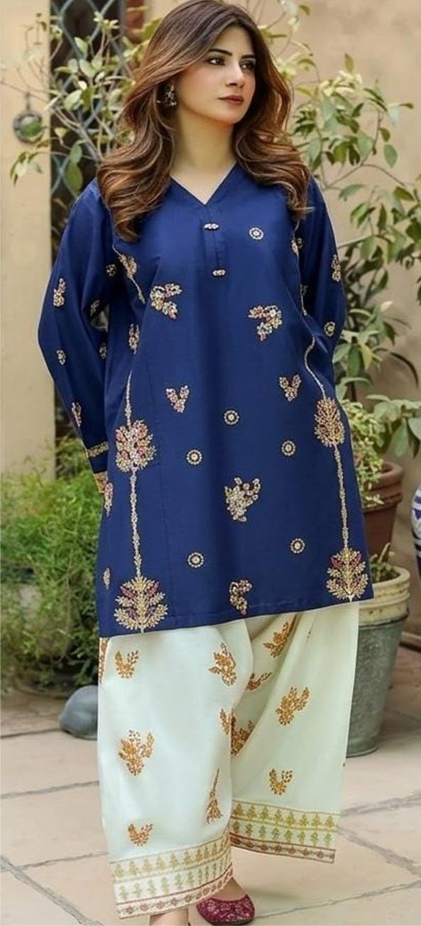 Elegant Navy Blue Embroidered Dhanak 2-Piece Suit