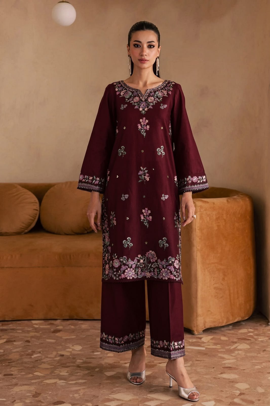 Premium Maroon Embroidered Dhanak 2-Piece Ensemble