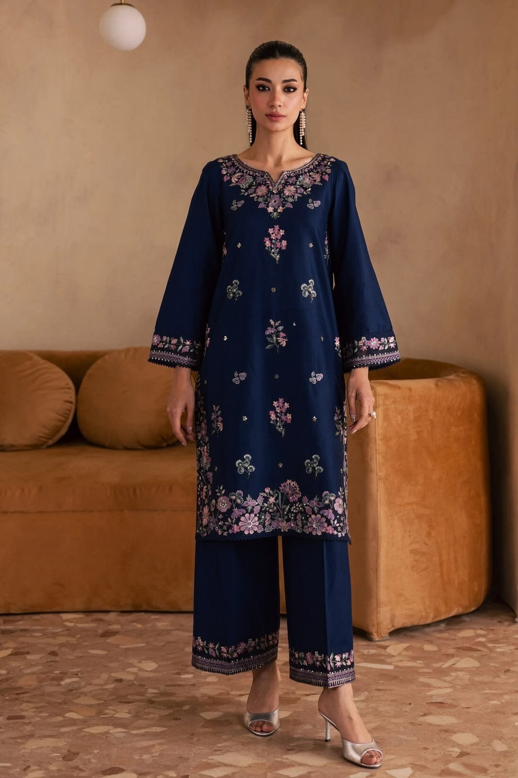 Premium Navy Blue Floral Embroidered Dhanak 2-Piece Ensemble
