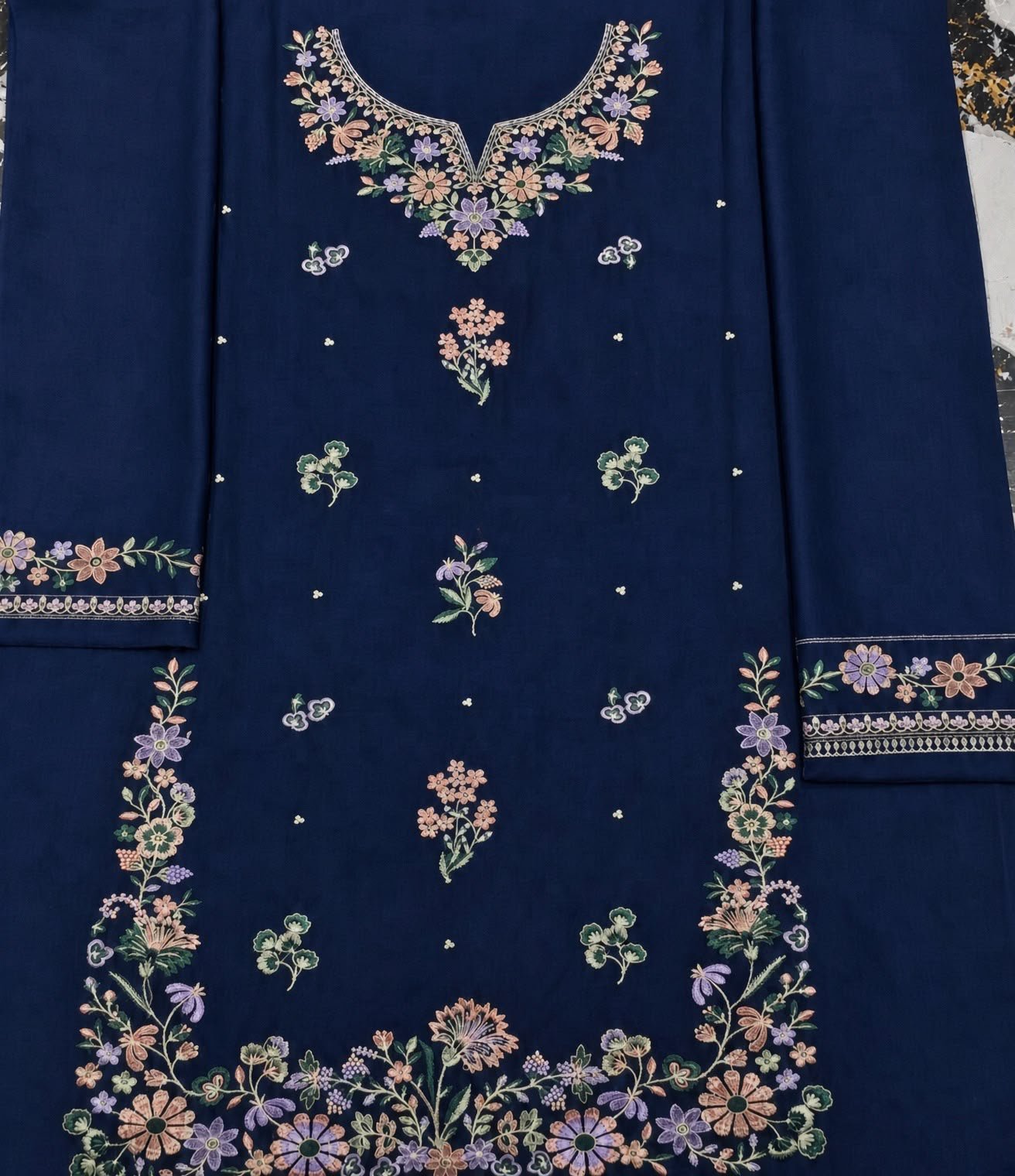 Premium Navy Blue Floral Embroidered Dhanak 2-Piece Ensemble view 2