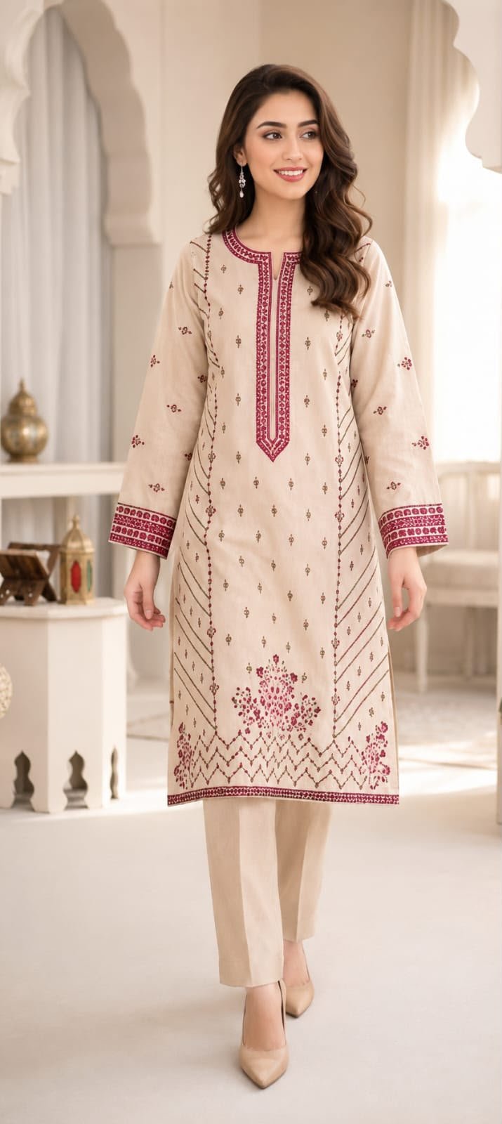 Premium Beige & Maroon Embroidered Dhanak 2-Piece Ensemble