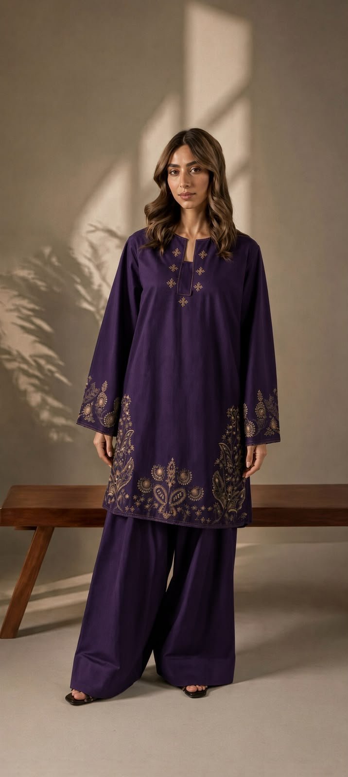 Premium Plum Purple Embroidered Dhanak 2-Piece Ensemble