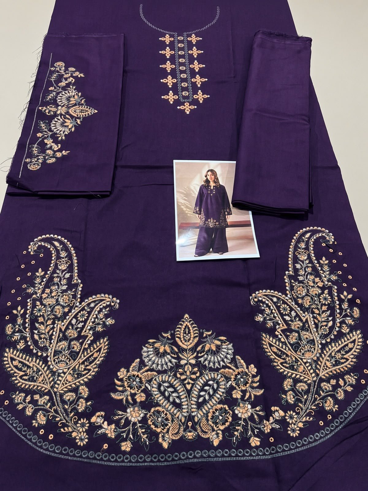 Premium Plum Purple Embroidered Dhanak 2-Piece Ensemble view 2