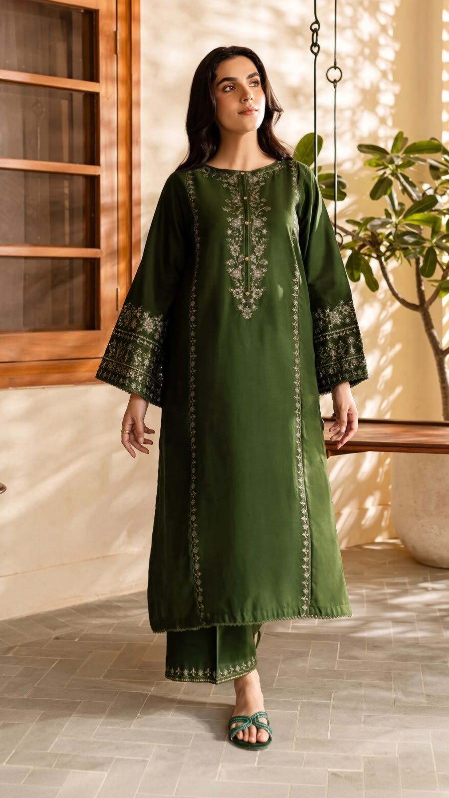 Elegant Olive Green Embroidered Dhanak 2-Piece Suit