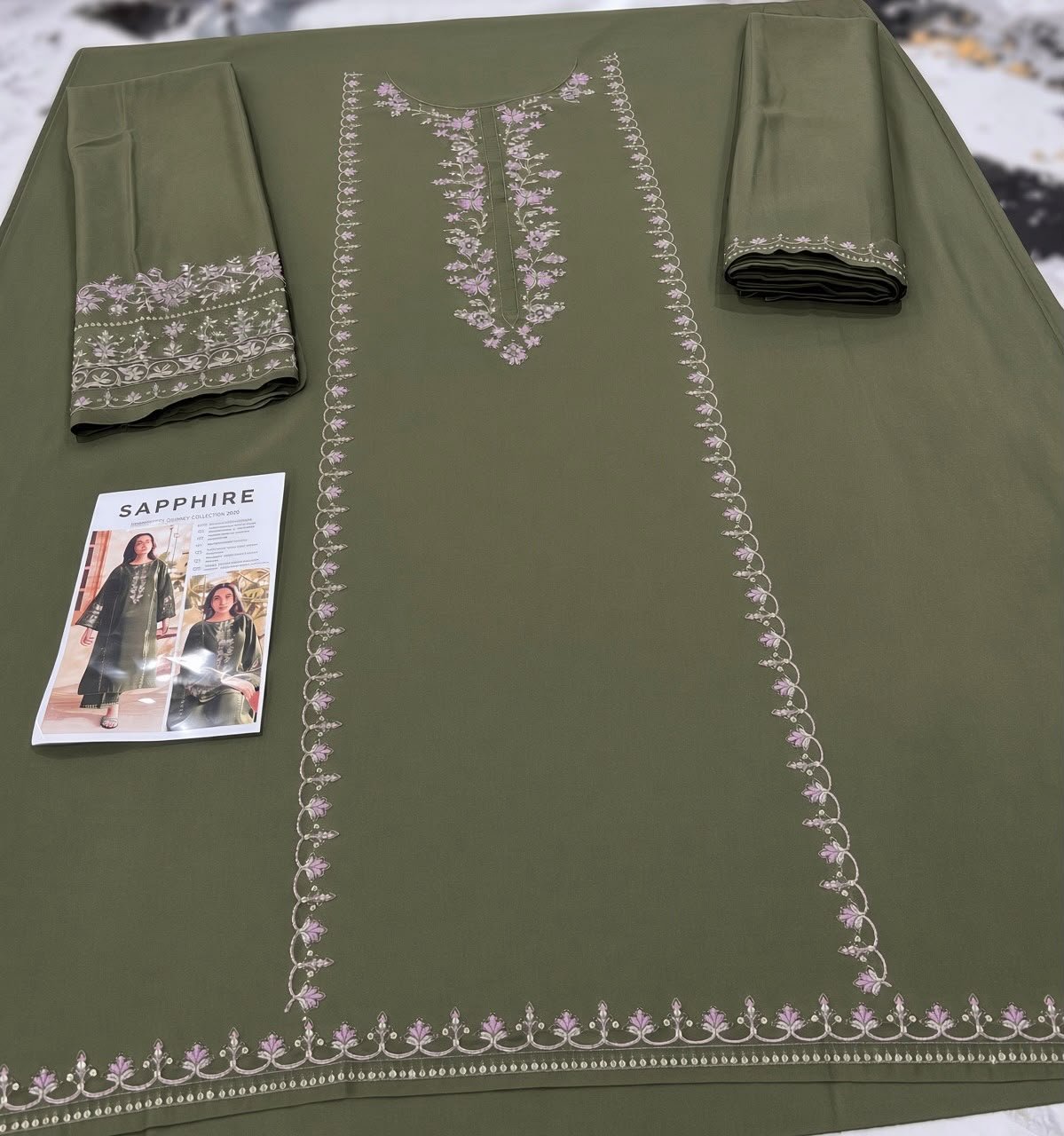 Elegant Olive Green Embroidered Dhanak 2-Piece Suit view 2