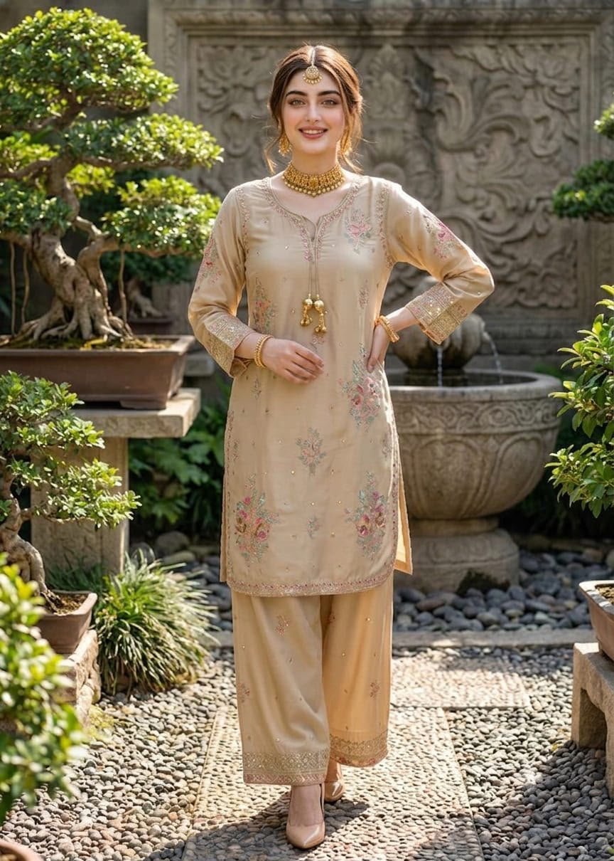 Elegant Beige Floral Embroidered Dhanak 2-Piece Suit