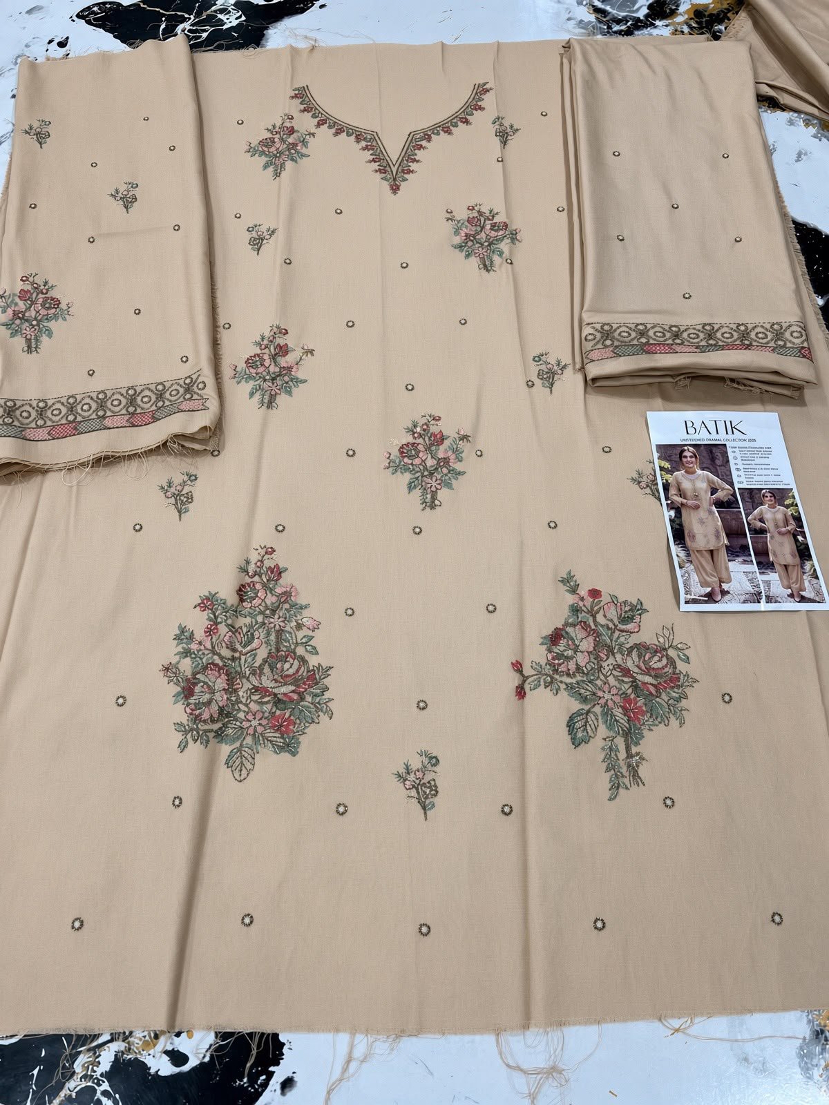 Elegant Beige Floral Embroidered Dhanak 2-Piece Suit — alternate view