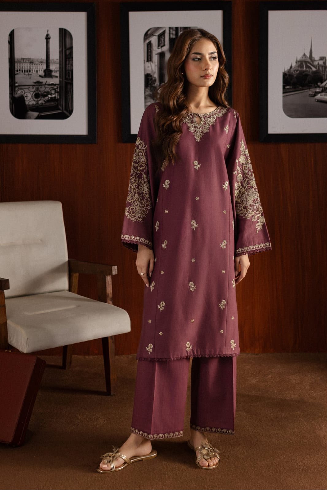 Elegant Dark Plum Embroidered Dhanak 2-Piece Suit