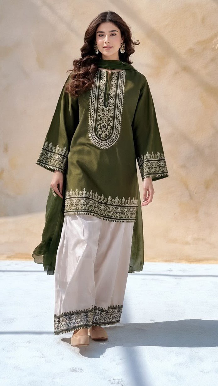 Elegant Olive Green & Off-White Embroidered Dhanak 2-Piece Suit