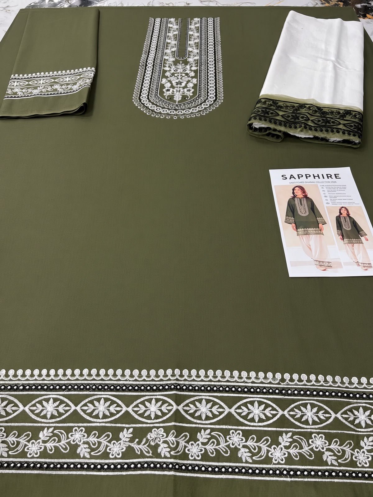 Elegant Olive Green & Off-White Embroidered Dhanak 2-Piece Suit — alternate view