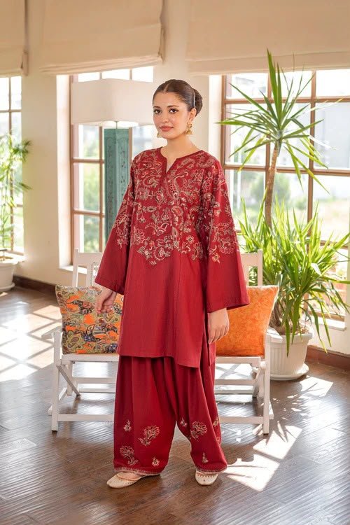 Elegant Maroon Embroidered Dhanak 2-Piece Suit