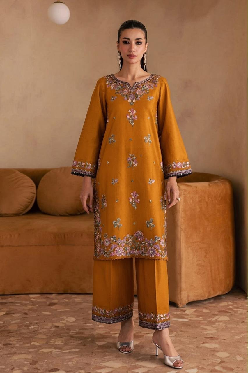 Elegant Mustard Yellow Floral Embroidered Dhanak 2-Piece Suit