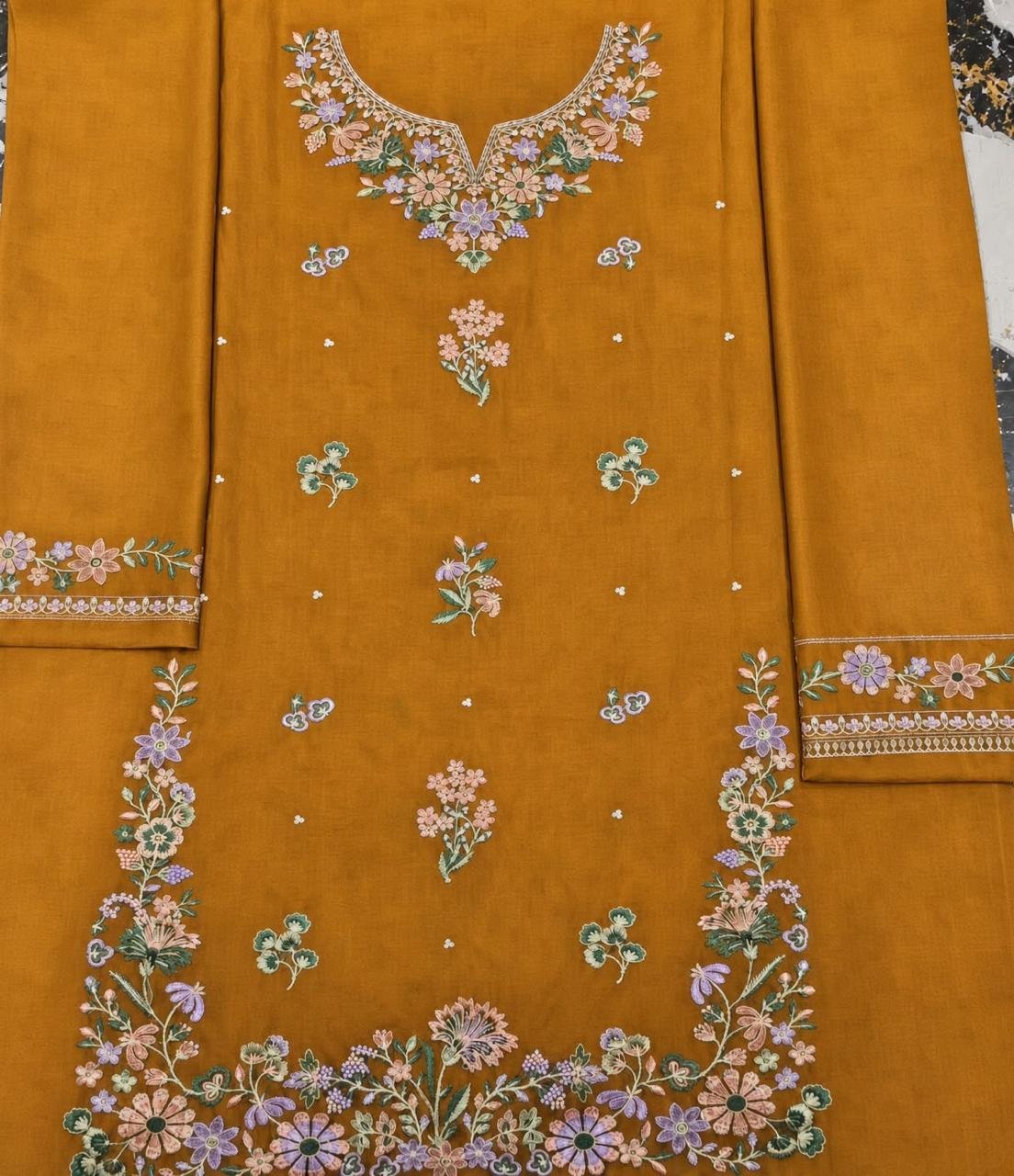 Elegant Mustard Yellow Floral Embroidered Dhanak 2-Piece Suit — alternate view