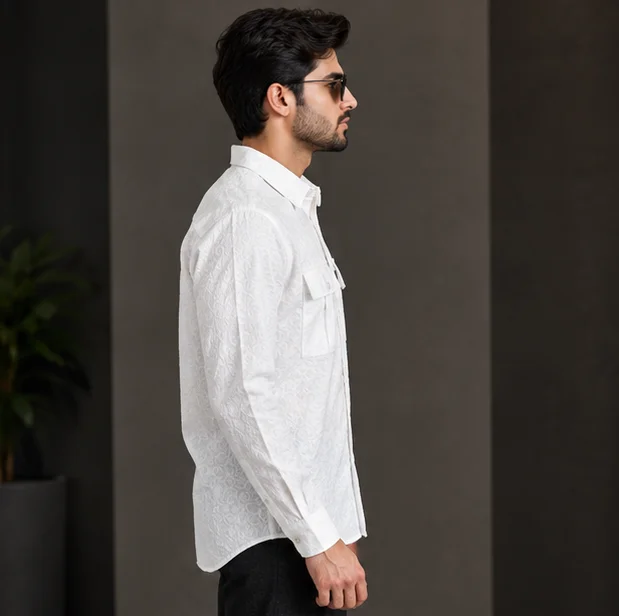 Premium White Textured Dobby Cotton Casual Shirt view 3
