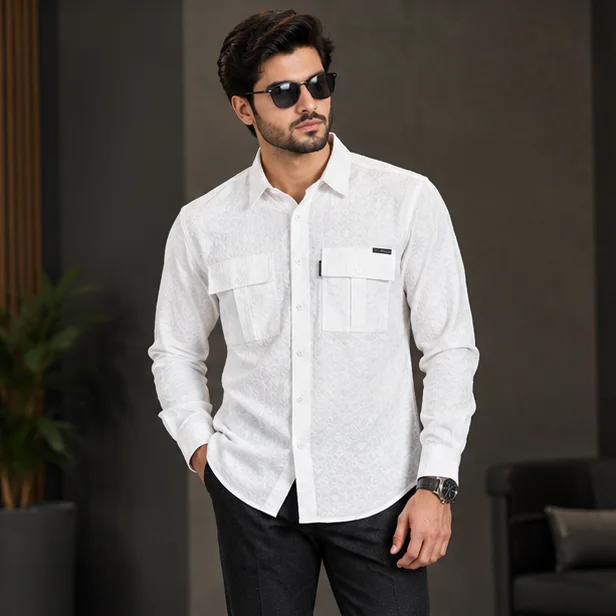 Premium White Textured Dobby Cotton Casual Shirt view 4