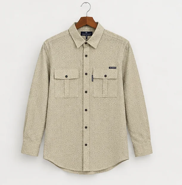 Premium Beige Textured Dobby Cotton Casual Shirt