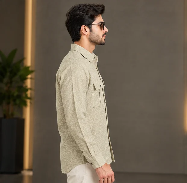 Premium Beige Textured Dobby Cotton Casual Shirt view 3